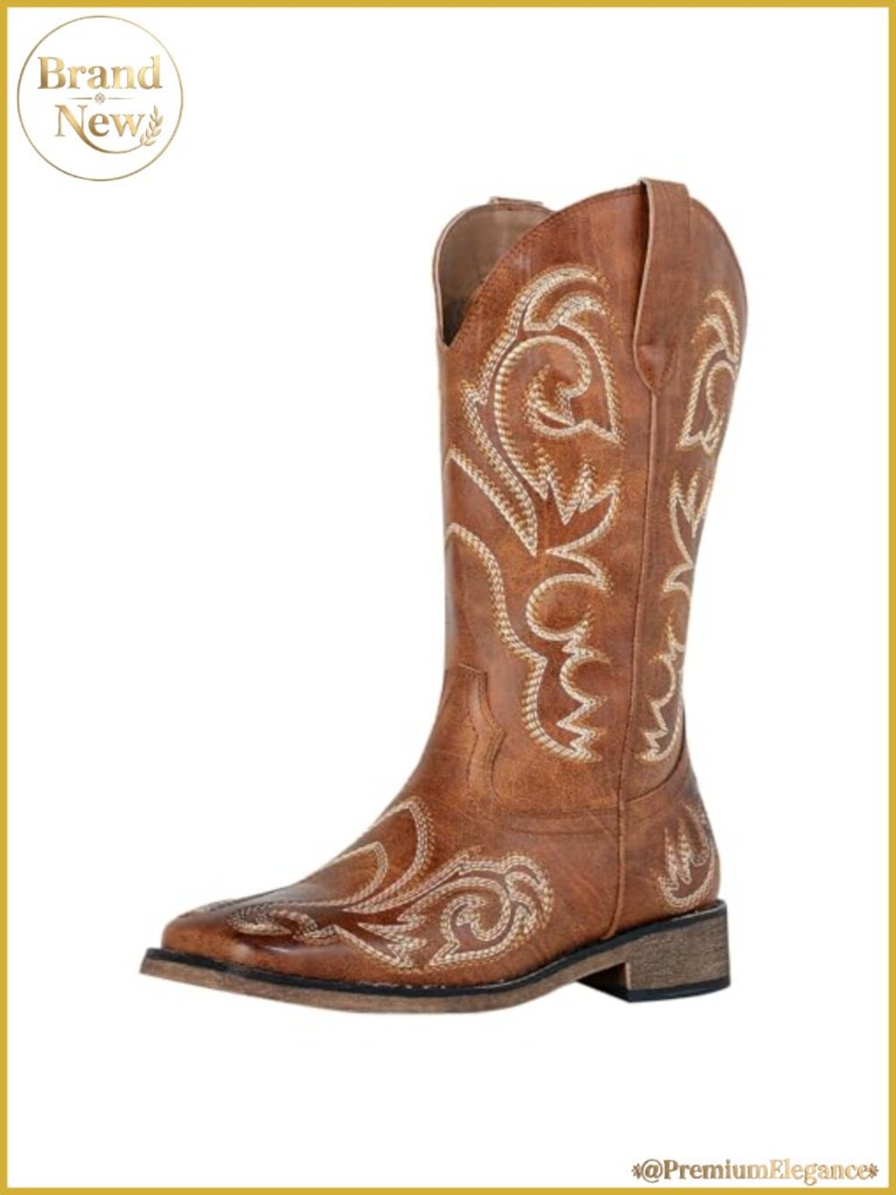 Women's Square Toe Western Mid Calf Cowboy Boots PU Leather Embroidered